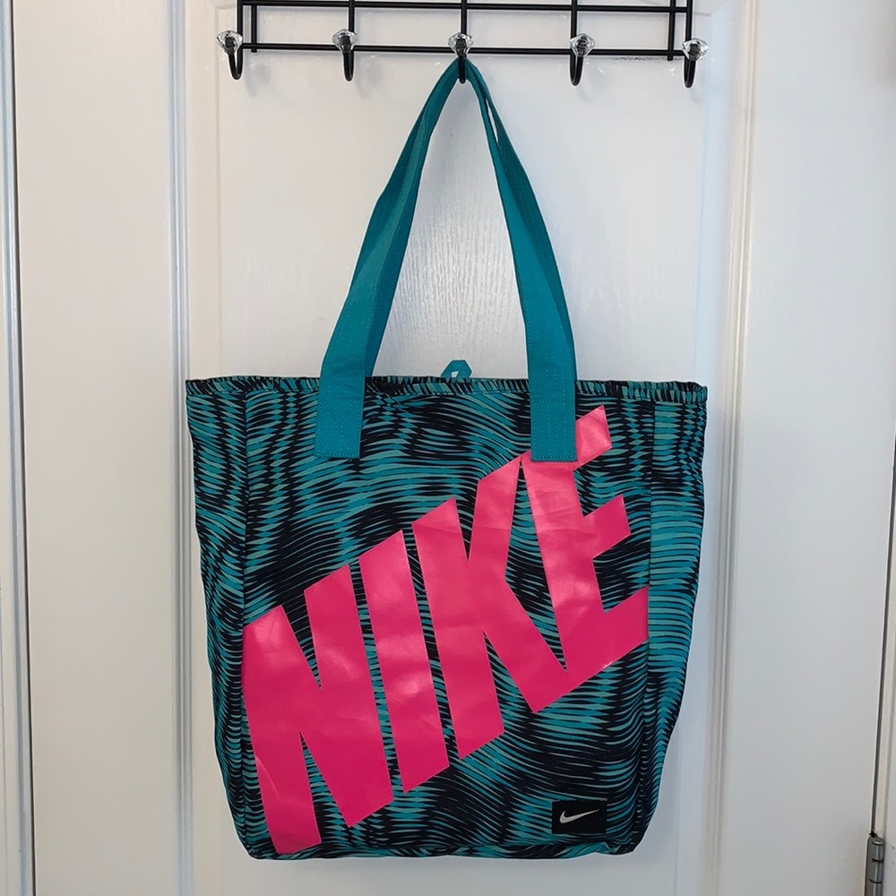 Nike Turquoise Illusion Pattern Tote with Neon Pink Logo